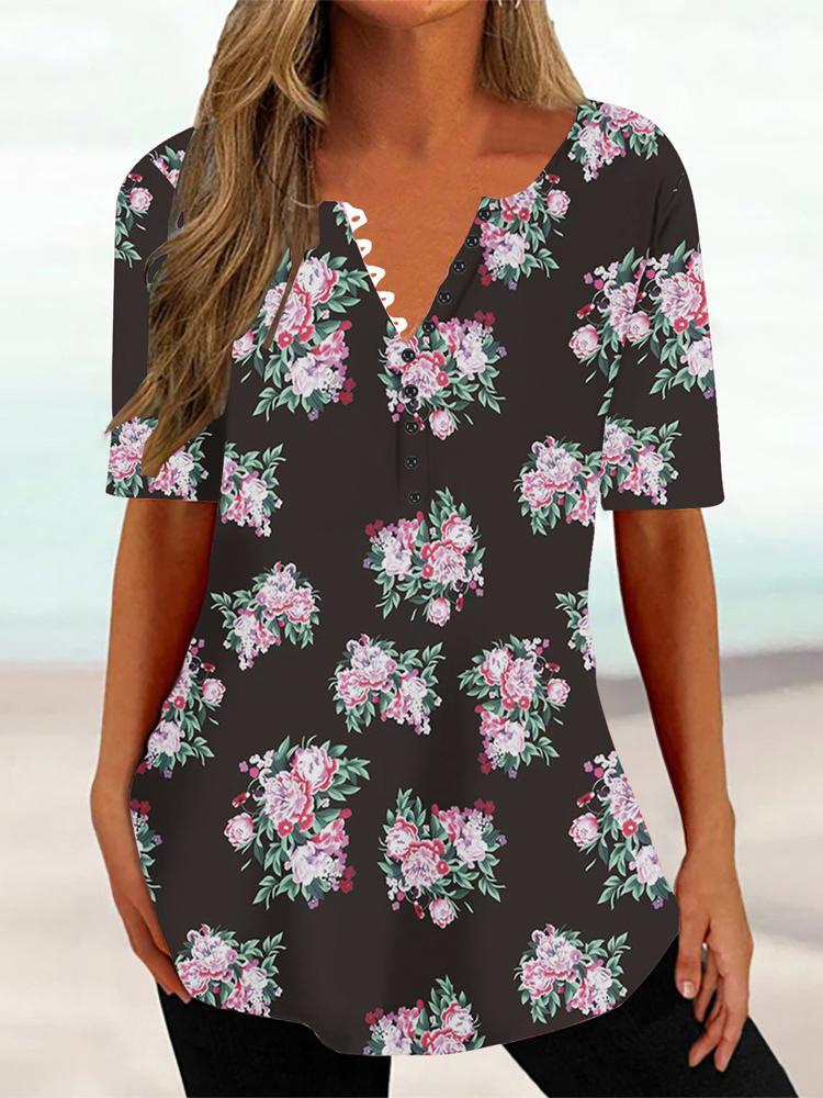 Женская летняя футболка с цветочным принтом и V-образным вырезом, с короткими рукавами, женский винтажный топ средней длины, свободный топ, женская одежда