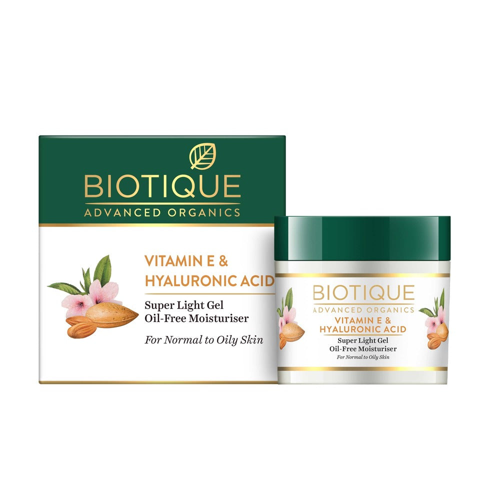 Biotique Увлажняющий крем с витамином Е и гиалуроновой кислотой 50 г Обезжиренный гель-крем для лица и шеи Сияющая кожа