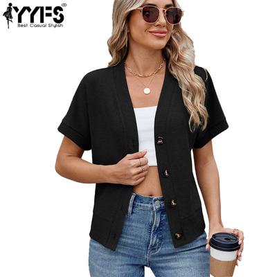 Женские модные повседневные летние весенние однотонные блузки и рубашки с v-образным вырезом и короткими рукавами с принтом