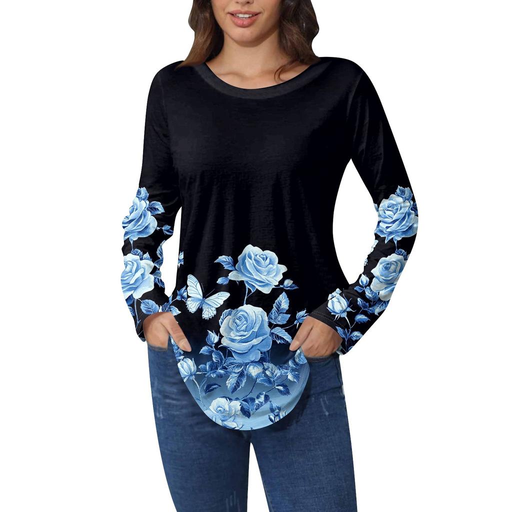Рубашки для женщин Милые винтажные узоры с принтом Футболка с длинным рукавом Туника Топы Хлопковые пуловеры