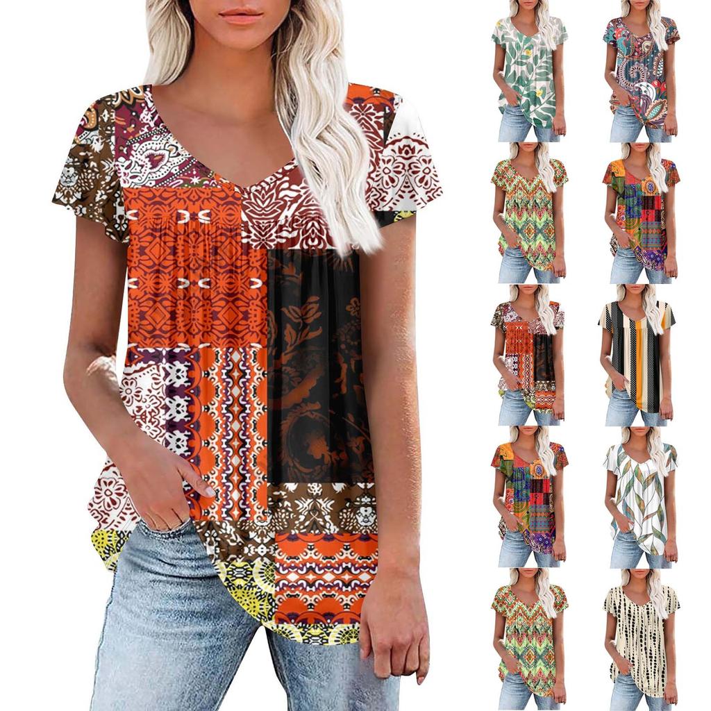 Women's Tunic Tops Elegant Casual Summer Short Sleeve Shirts Floral Loose Pleated Bohemian Tops