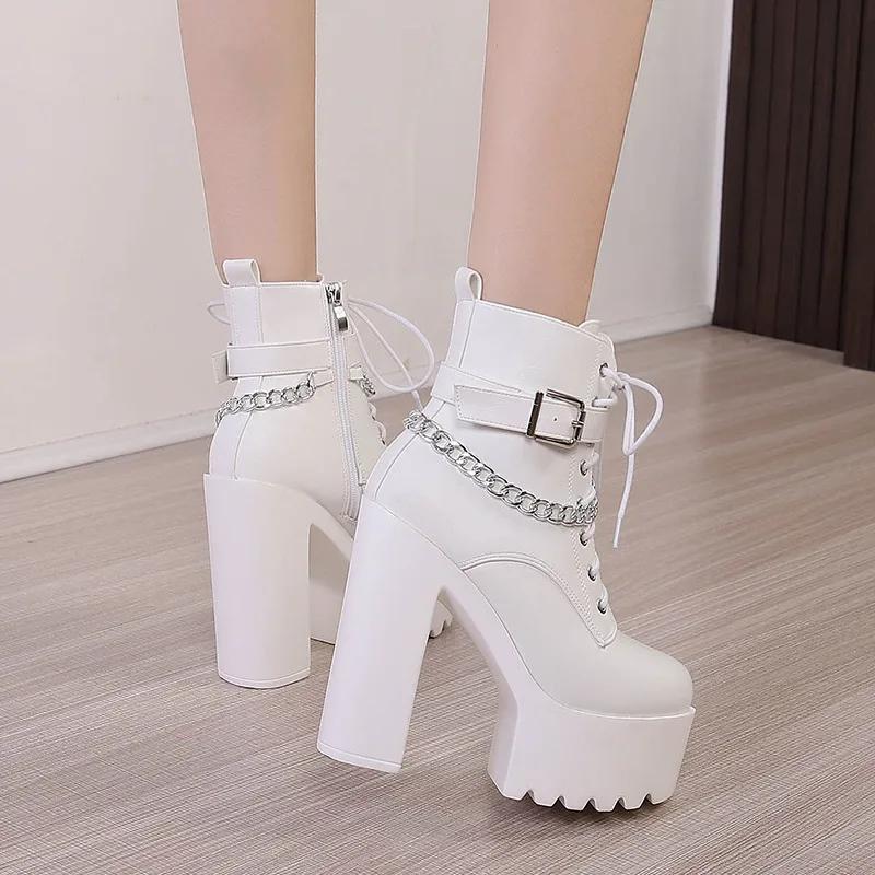 Модные женские ботильоны на платформе 14 см Тренды Черные короткие ботинки Зима Осень Кожа Готика Панк Каблуки Вечерняя обувь Женские Большой размер 41