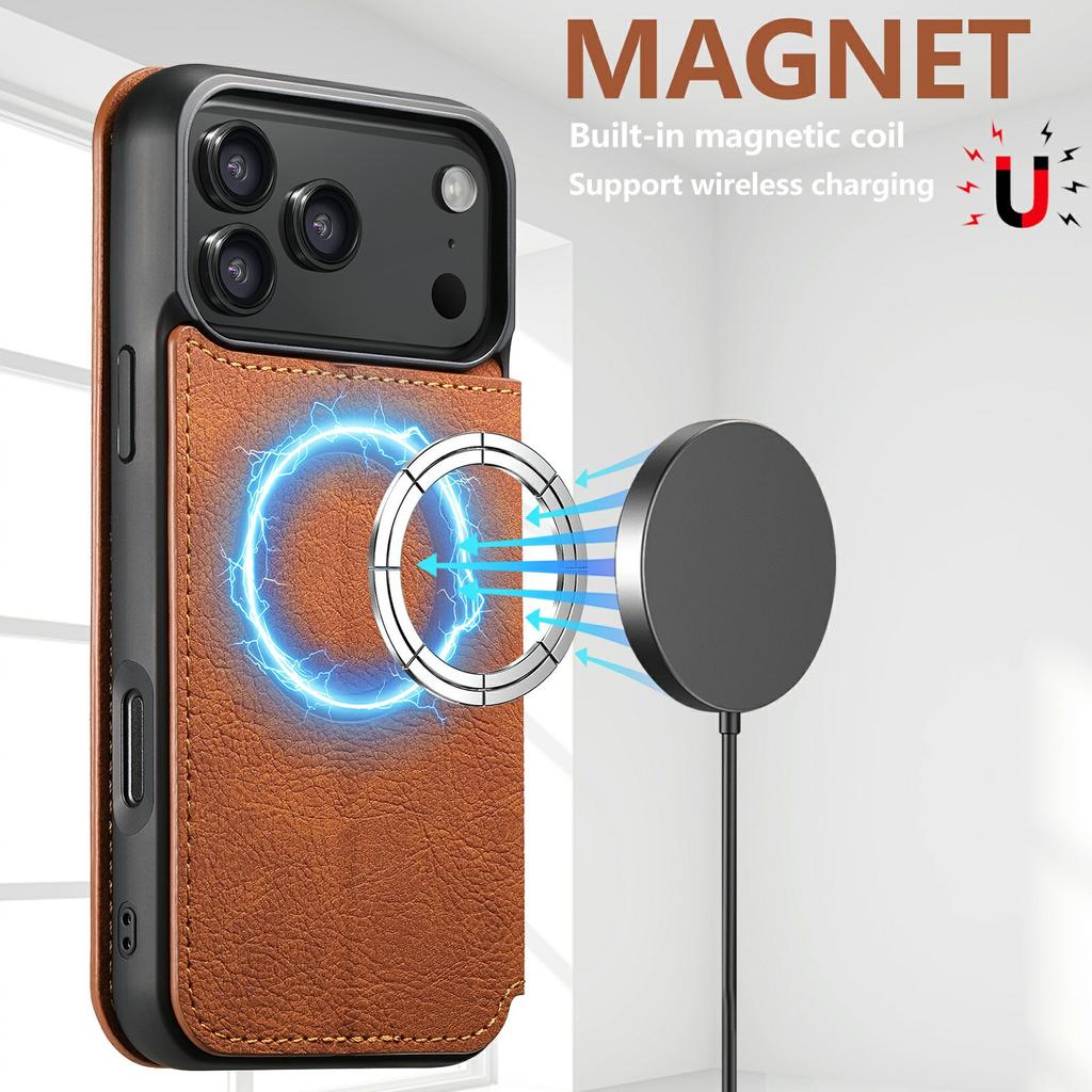 SUTENI J06 For iPhone 17 Pro Max Case Litchi Texture Leather Wallet Phone Shell Compatible with MagSafe
