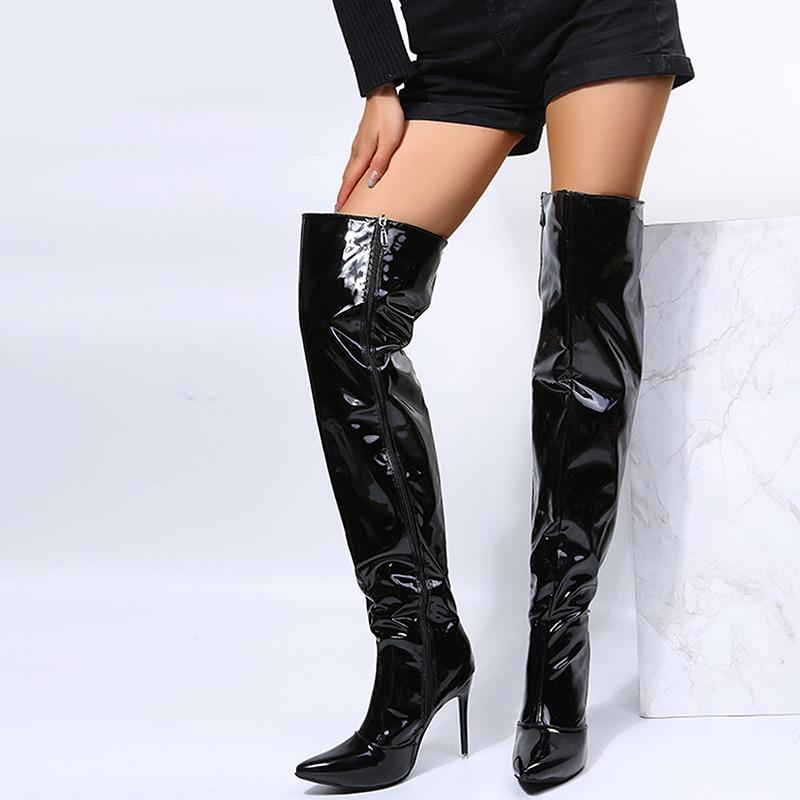 Women Fashion Faux Leather Thigh High Boots Nightclub Style Sexy Anti-Slip Prom Shoes Pointed Toe Long Boots
