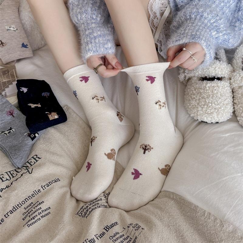 Puppy Cute Kids Grey Cartoon Animal Mid Socks Thickened Wool Socks Warm Pile Socks