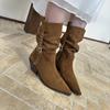 Retro Style Heightened and Thin Pleated Stacking Boots Brown Maillard Medium Boots Women's Thick Heel Western Cowboy Boots Short Boots
