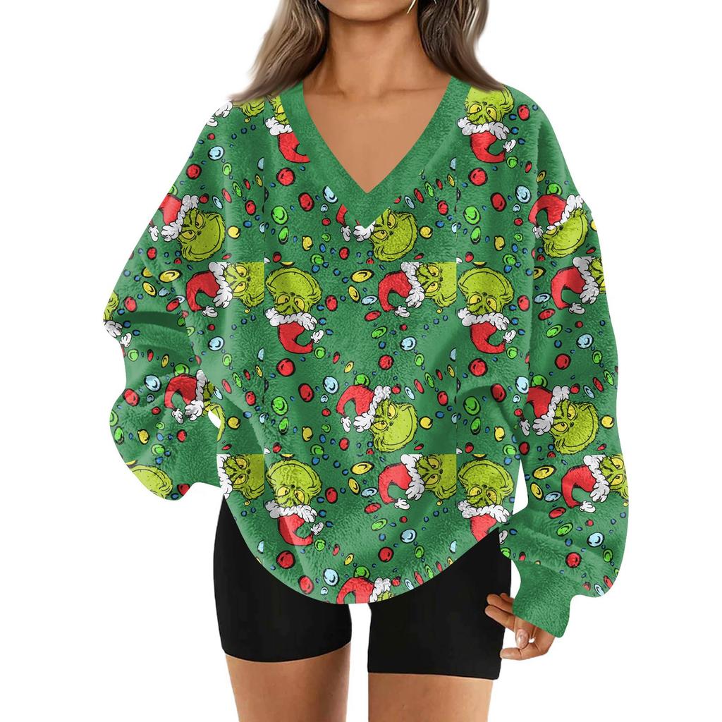 Women's Fashionable V-neck Christmas Printed Long Sleeved Casual Pullover Plush Warm Pocket Sweatshirt Top