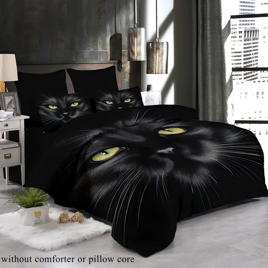 Cartoon Black Cat Pupil 3D Printed Bedding Set Cute Animal Style Luxury Duvet Cover Soft Comfortable Home Polyester Quilt Cover