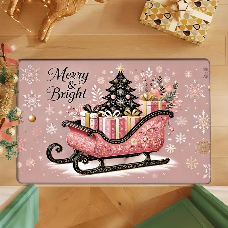 Welcome Doormat for Kitchen Laundry Room Christmas Gold Snowflak Pink Stripe Washable Non-Slip Floor Mat for Home Decor