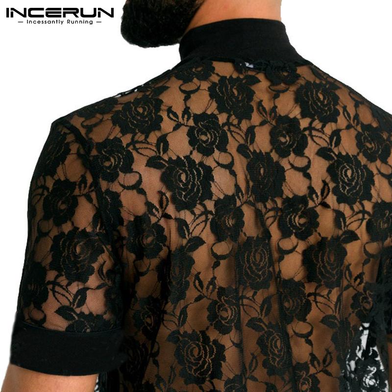 INCERUN Летние мужские сексуальные сетчатые кружевные рубашки с коротким рукавом для вечеринок и клубов, пляжные облегающие футболки