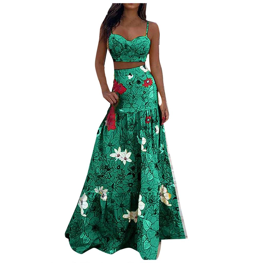 Женская мода из двух частей, сексуальные летние длинные платья с подтяжками и принтом, платье