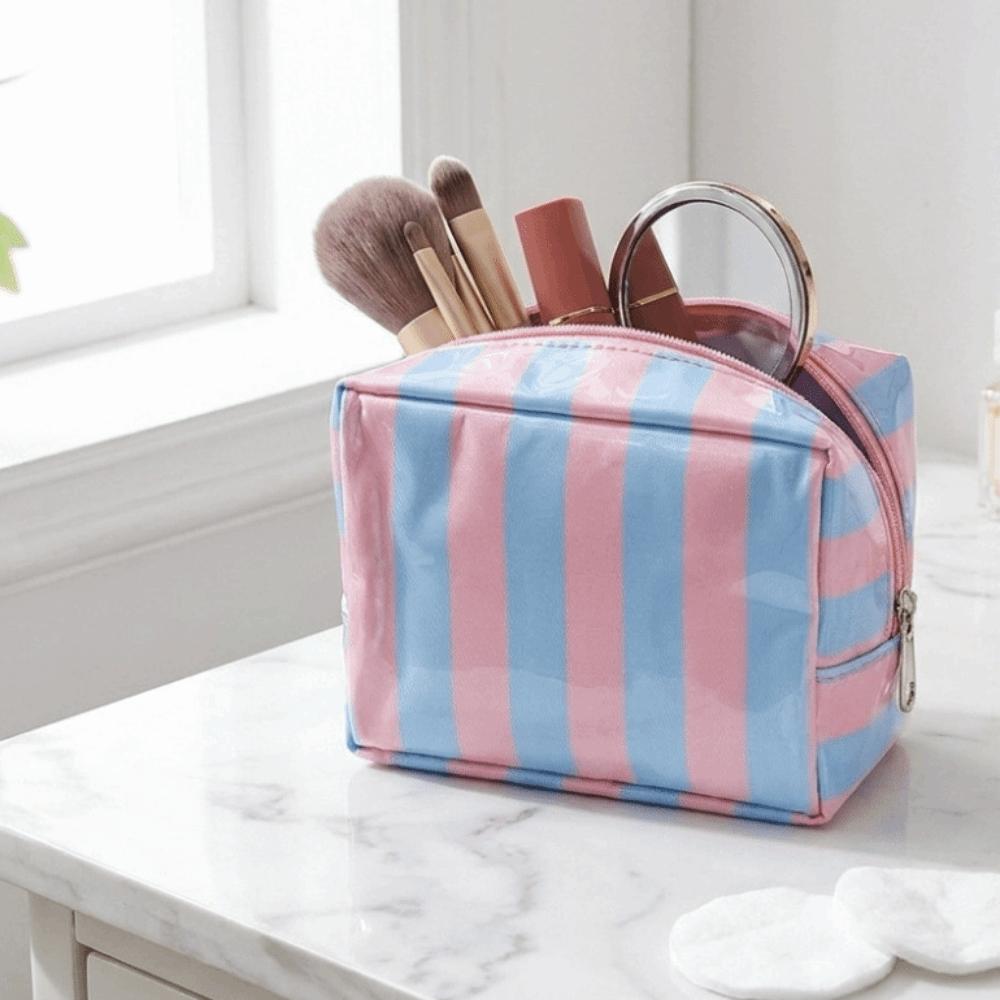 Portable PVC Striped Makeup Bag Mini Cosmetic Pouch Cute Toiletry Bag Daily Use