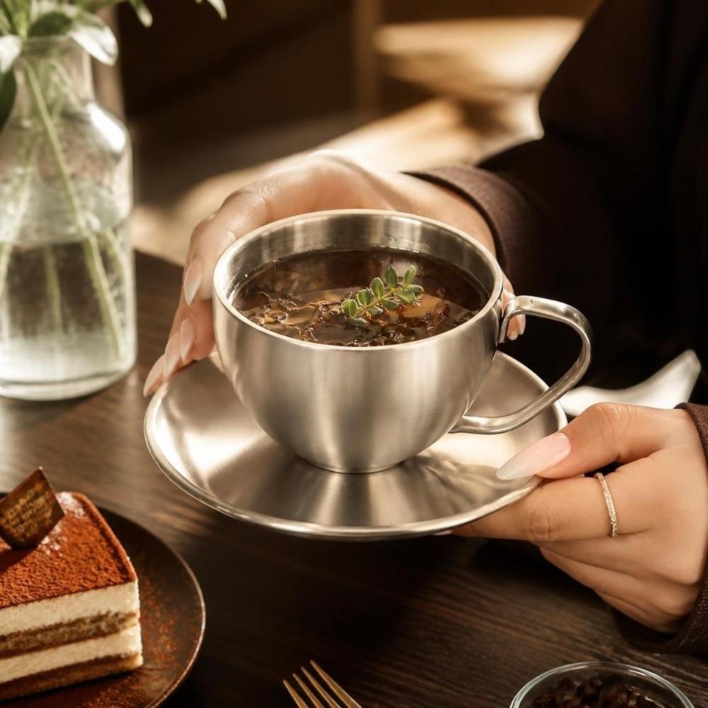 Double Walled Coffee Cup Set Stainless Steel Cup Saucer Set Exquisite Tea Mug Household Coffee