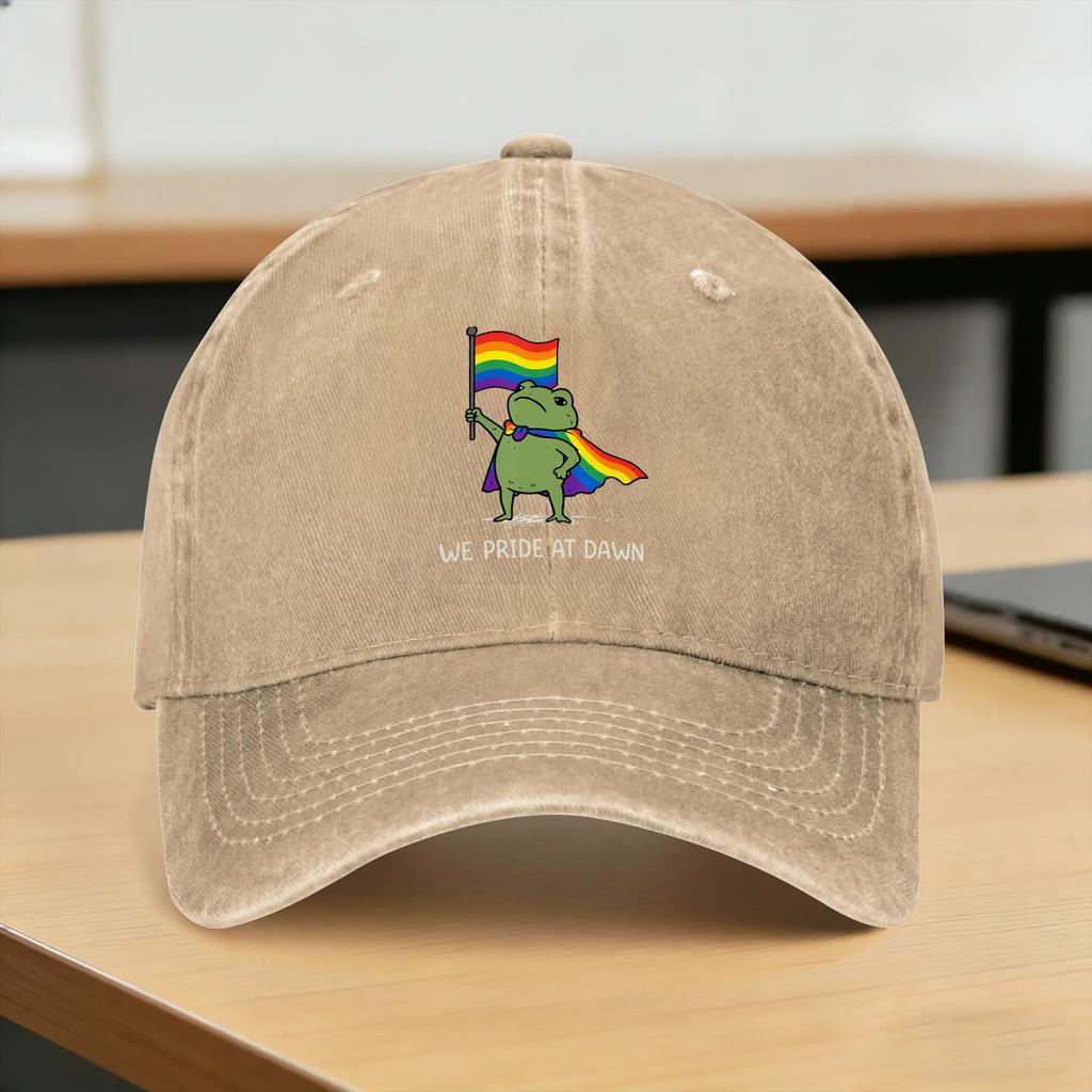 Funny Frog We Pride At Dawn Rainbow Flag LGBT Pride Month Baseball Cap Sun Outdoor Breathable Washed Trucker Hat Snapback Cap