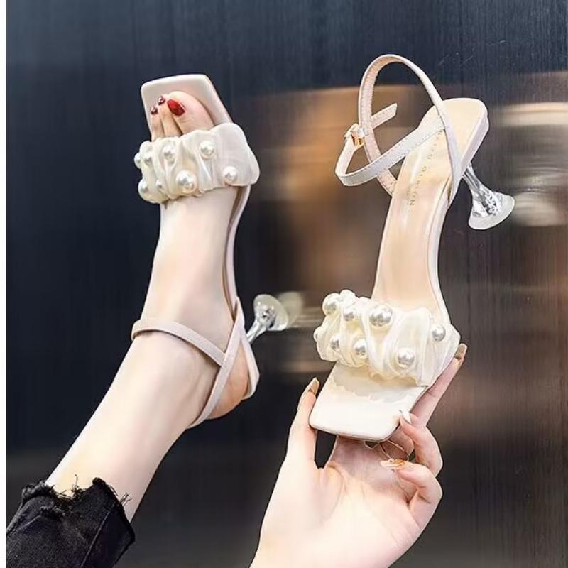 Модные летние новые туфли на высоком каблуке с квадратной головкой, женские туфли с сетчатым жемчугом и тонким каблуком, женские туфли с линией с сандалиями