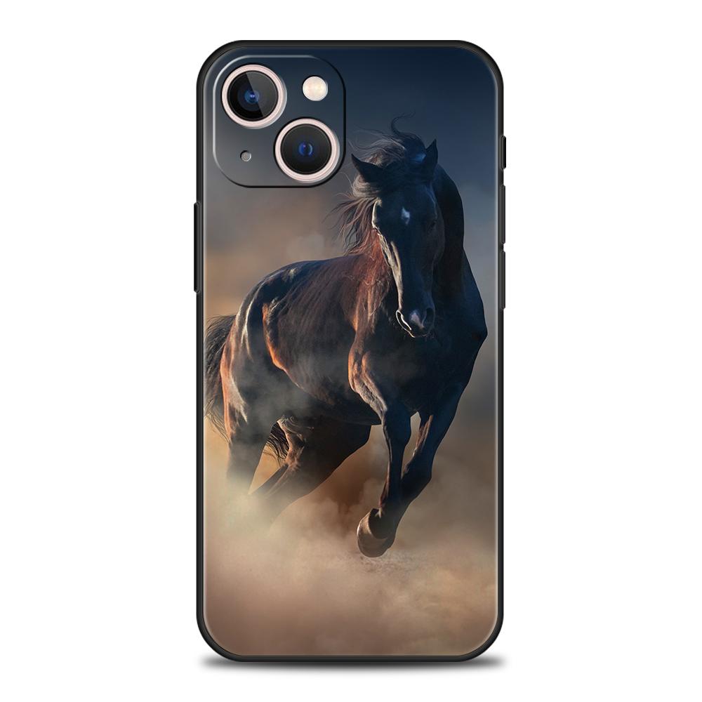 Роскошный мягкий чехол из ТПУ для iPhone 16 11 15 14 Pro MAX 12 13 7 8 Plus X XR XS SE 2022 Черный чехол Лошадь Животное