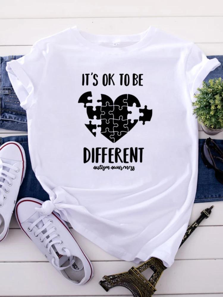 Футболка Be Different Jigsaw Heart Print Женская футболка с коротким рукавом и круглым вырезом Свободная женская футболка Женская футболка Топы Camisetas Mujer