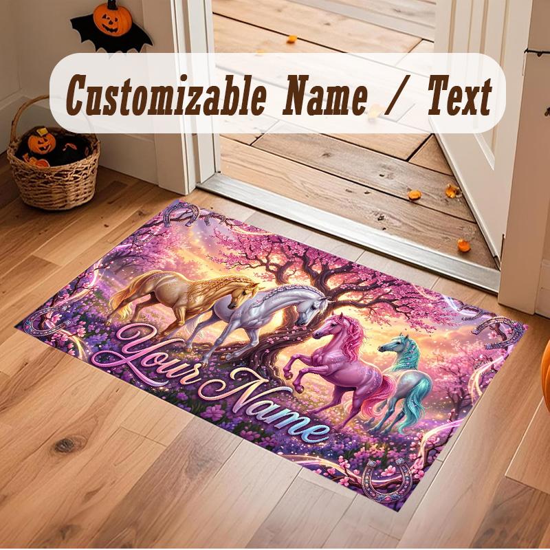 Horse Theme Soft Crystal Velvet Rug Custom Name & Text Print Non Slip Floor Rug for Bedroom Living Room