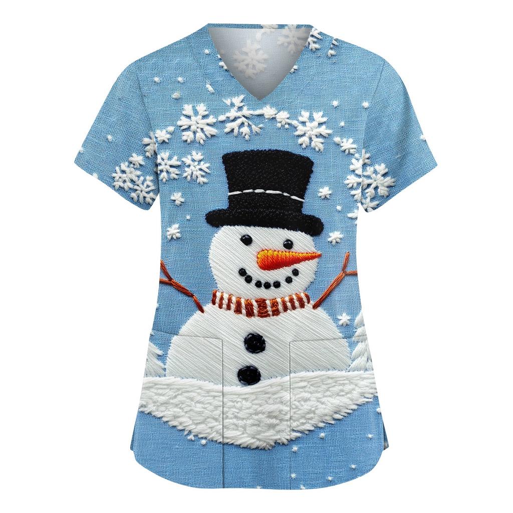 Женский модный рабочий топ с V-образным вырезом, рождественским принтом, короткими рукавами, карманом, боковым разрезом, базовый пуловер