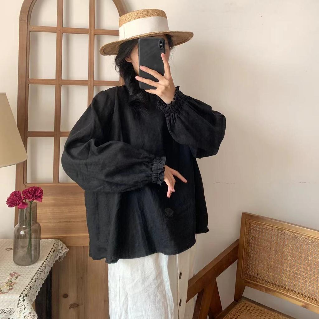 Johnature Винтажные топы, весенне-летние однотонные женские рубашки с оборками и воротником, повседневные свободные женские рубашки на пуговицах