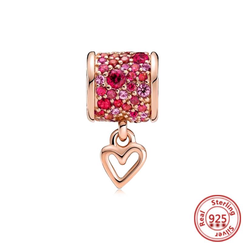 Hot Sale Rose Gold Series Pink Zircon Leaves Heart Pendant Sparkling Clip Bead Fit Charm Bracelet DIY S925 Silver Jewelry