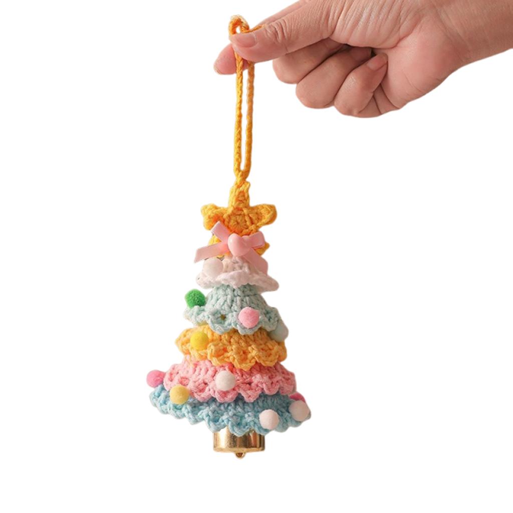 Knitted Plush Christmas Tree with Jingle Bell Handmade Crochet Christmas Hanging Pendant Wool Xmas Tree for New Year Party Decor