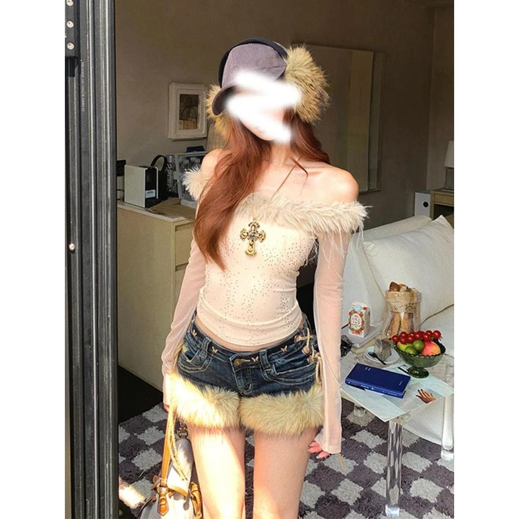 ZYLLO Новые Женские Ретро Дизайн Пушистые Сшитые Джинсовые Шорты Y2k Низкая Посадка На Бретельках Узкие Горячие Штаны