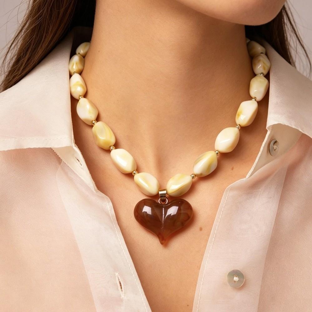 Colorful Heart Pendant Necklace Multi-Color Statement Jewelry Unique Bead Choker Vacation Wear