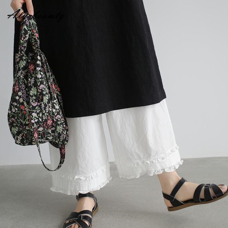 Корейская мода весна-лето женские широкие брюки с высокой талией черные белые базовые хлопковые капри повседневные свободные брюки с оборками