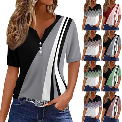 Жен. Футболка Футболка С принтом Пуговицы С короткими рукавами Повседневные Выходные Мода Классический V-образный вырез Обычный Верх