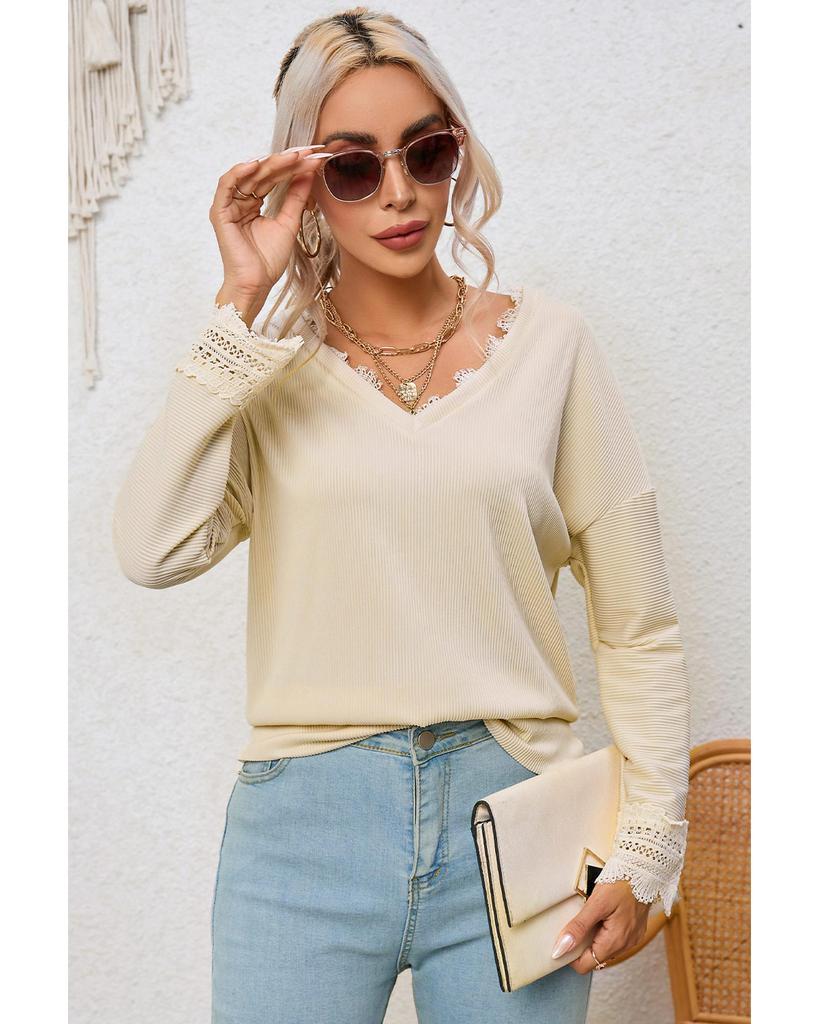 Azura Exchange Lace Trim V Neck Long Sleeve Top