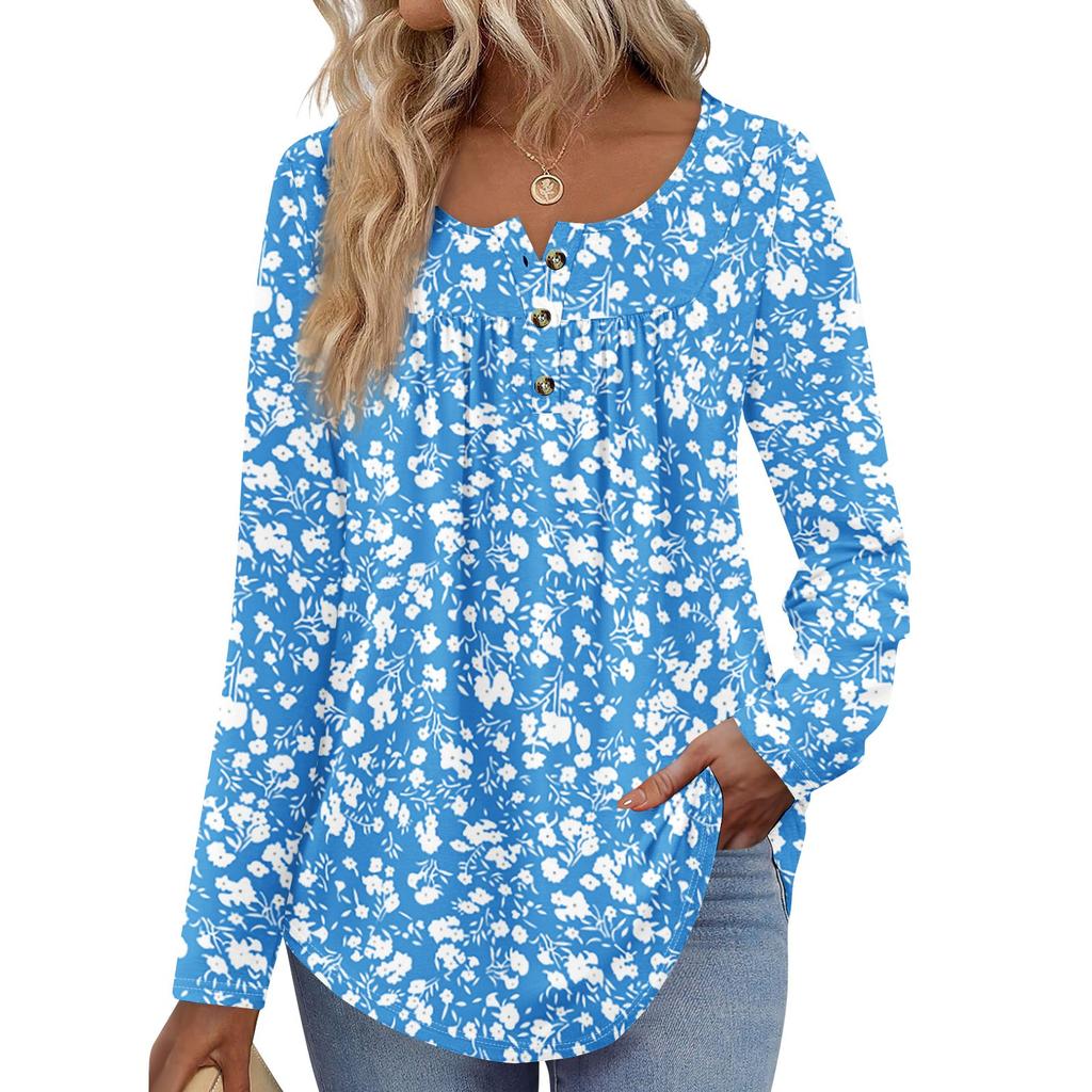 Женская туника с длинным рукавом, свободные топы, повседневные топы оверсайз, плиссированная туника, застегивающаяся на пуговицы, повседневные женские топы с принтом