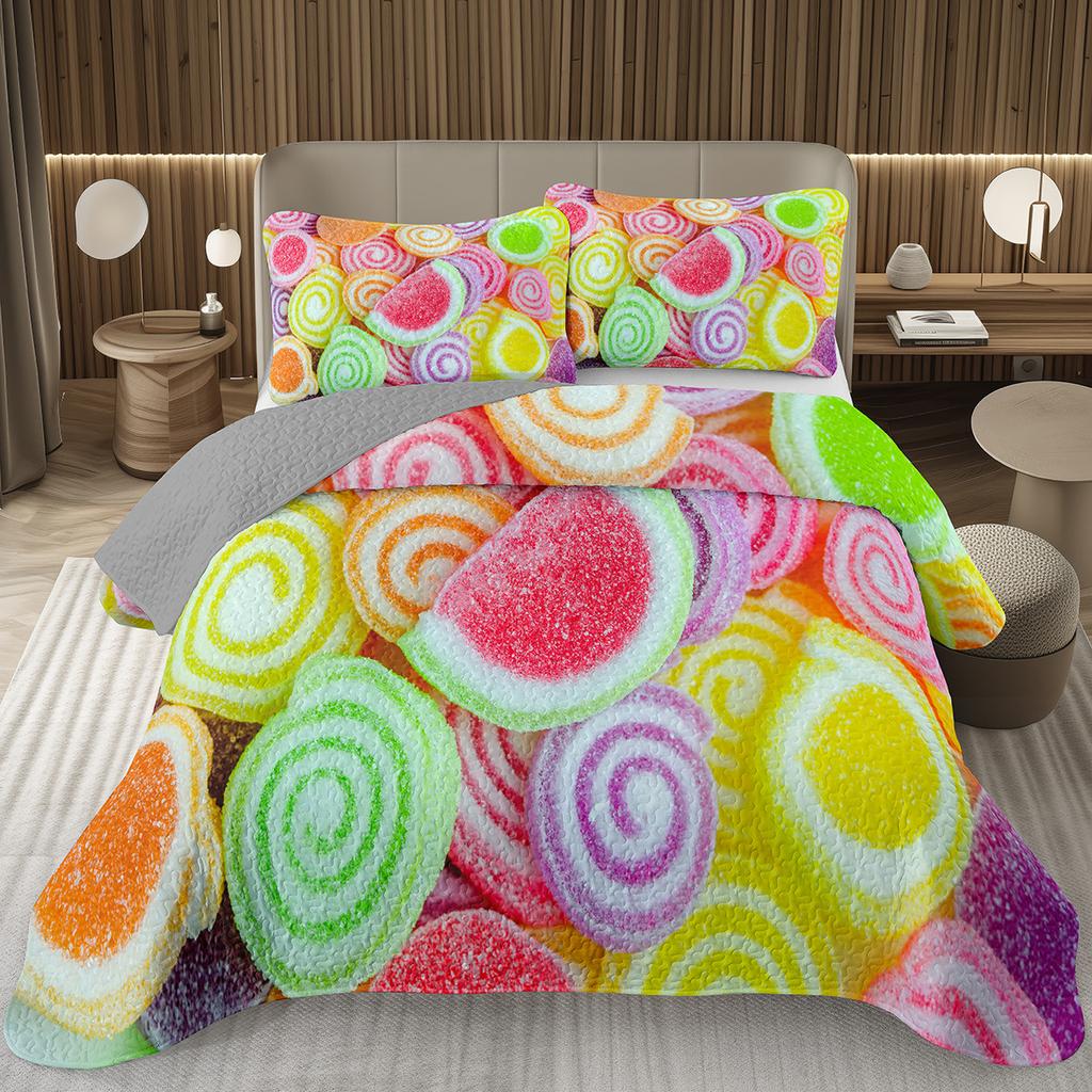 Сладкий Конфетный Комплект Квилтов для Девочек Мальчиков Подростков, Комплект Покрывал на Кровать на Тему Леденцов Кинг Десертное Стеганое Покрывало Мультяшный Стиль Покрывало на Кровать