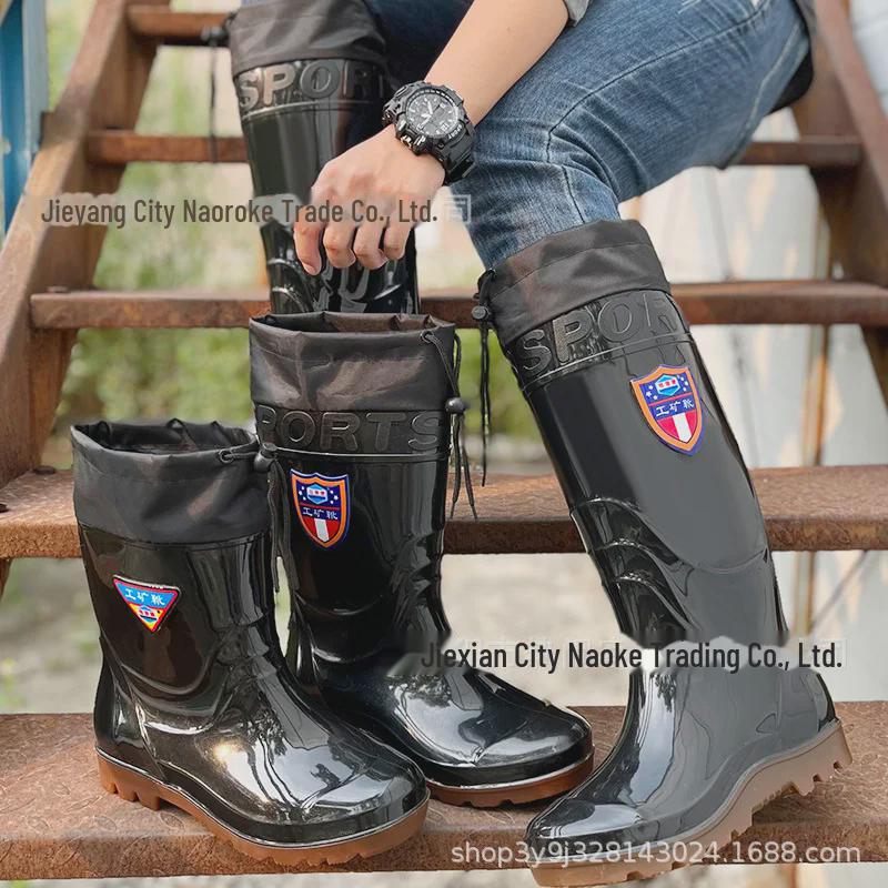 Men's High-Top Waterproof Non-Slip Rain Boots with Drawstring Closure
