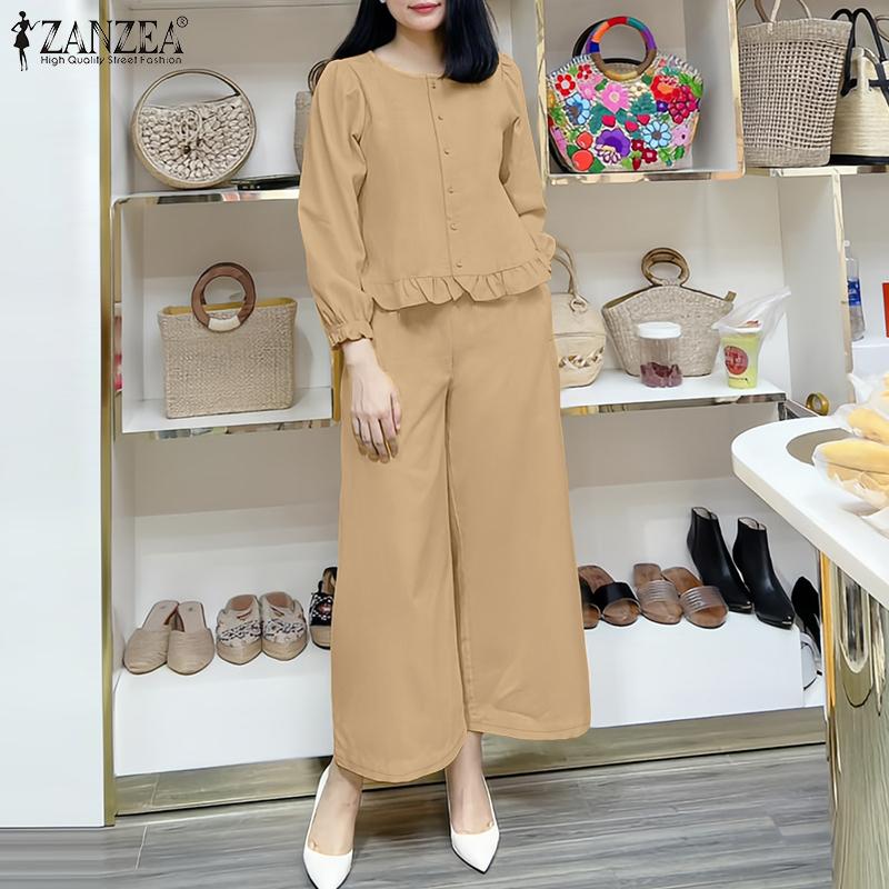 ZANZEA Женский повседневный костюм из двух частей с длинным рукавом и брюками