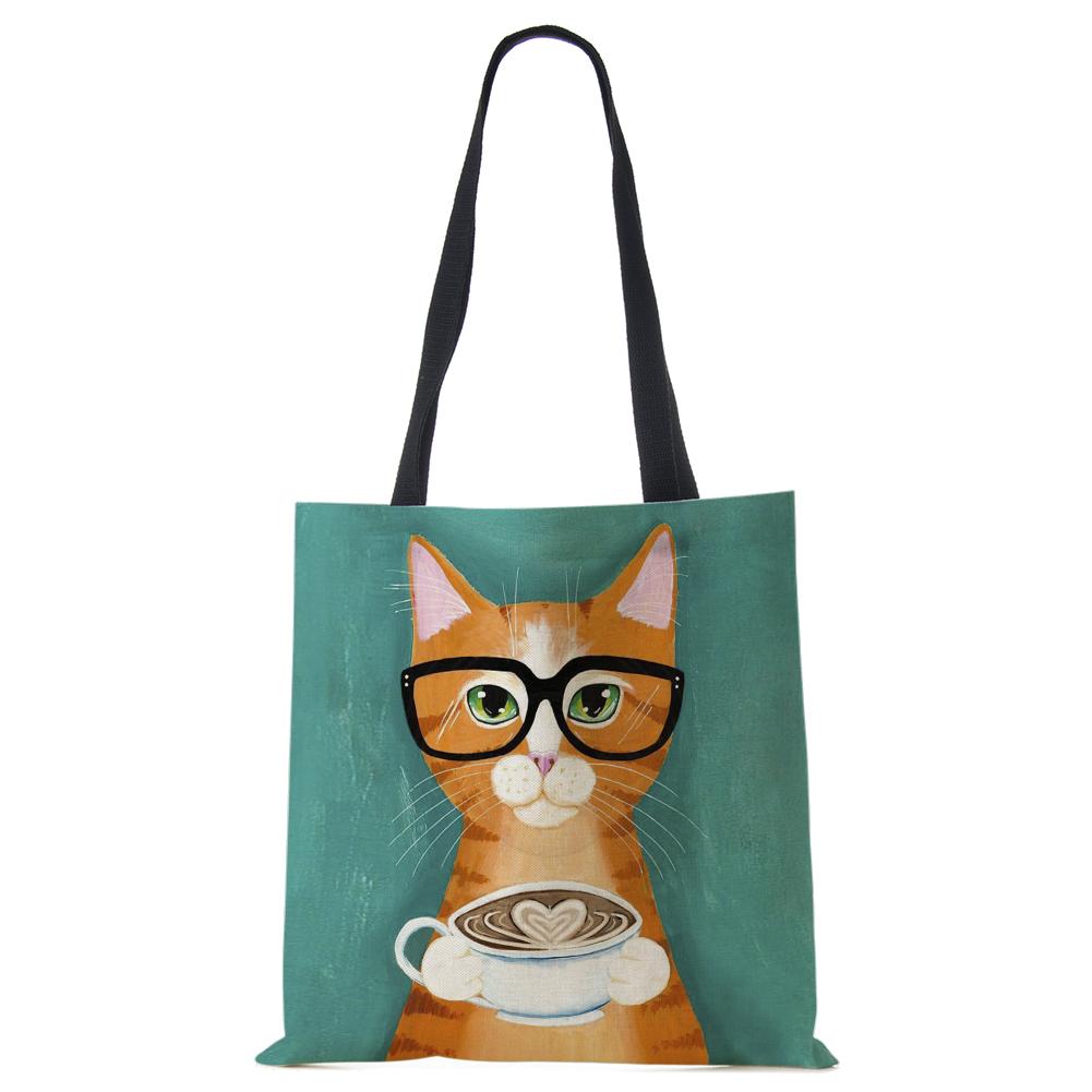 Сумка на плечо повседневная с милым принтом кошки, женская, для покупок, многоразовая, большая вместимость, холщовая, для путешествий, школы, пляжа, тоут-сумка CLE