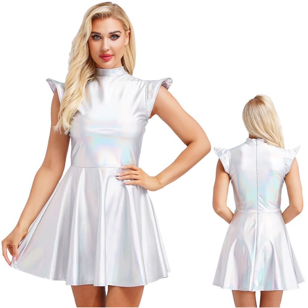 Women's Halloween Party Dress - Shiny Metallic A-line with Mock Neck & Cap Sleeves Fashion Bar Club Wear