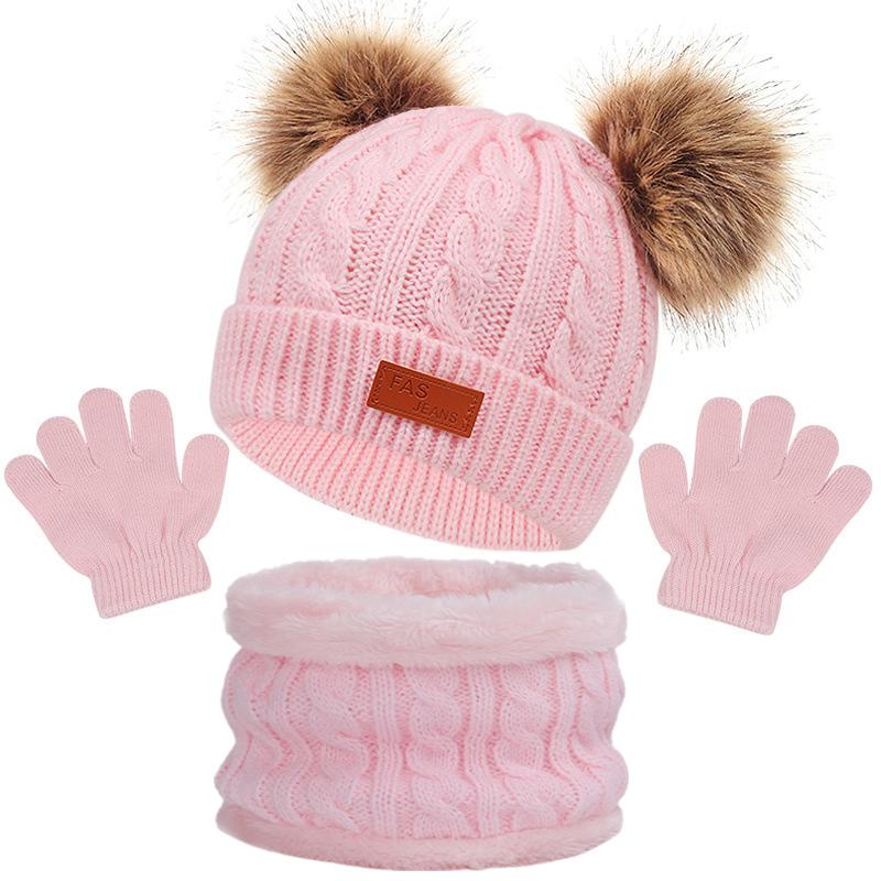 3 шт./компл. детская зимняя шапка-бини, шарф, перчатки, теплый комплект для детей 1-5 лет, для девочек и мальчиков, теплая вязаная шапка с двойными помпонами