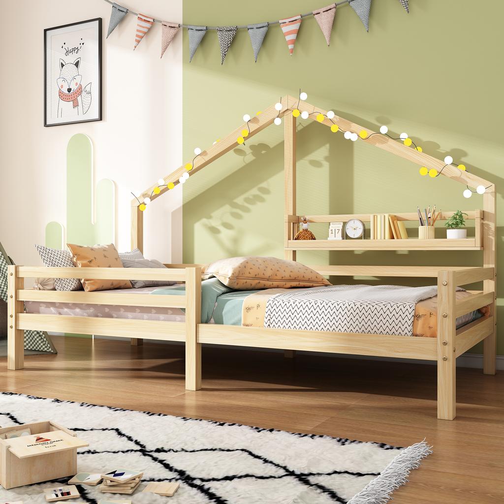 House Bed Children's Bed with Shelf Fireplace Shape 90x200 Natural[OLD SKU:WF530662AAN]