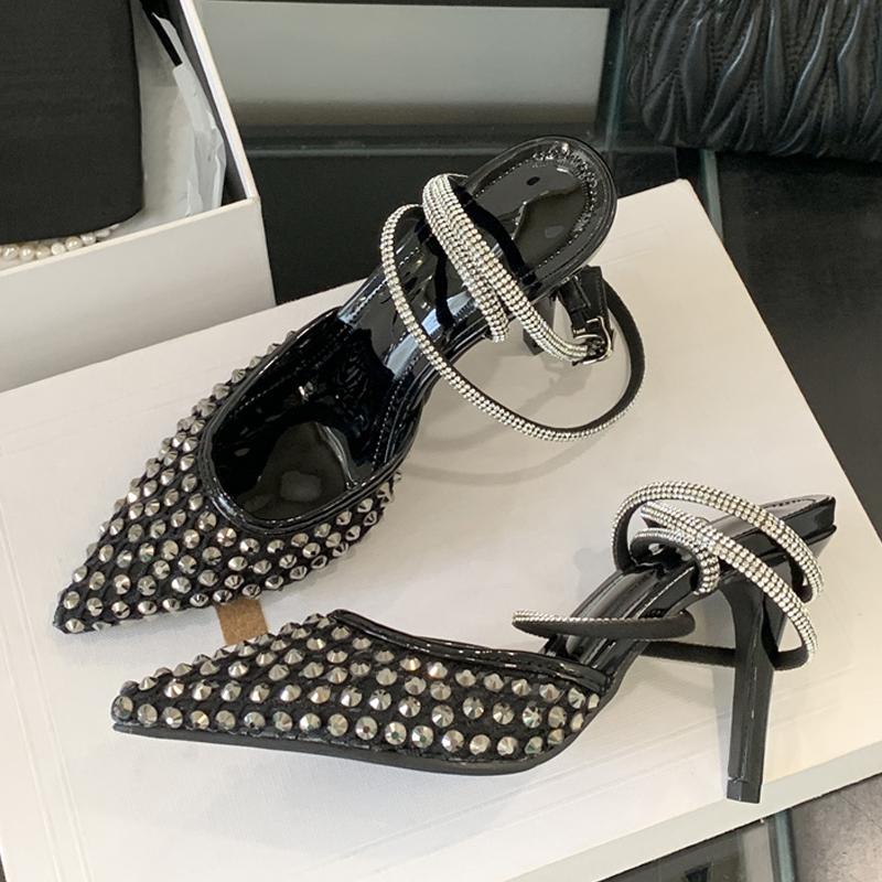 Женские дизайнерские сандалии-слингбэки с острым носком из сетки со стразами, с кристальным ремешком на щиколотке, женские туфли-лодочки на высоком каблуке, обувь для вечеринок и выпускного вечера