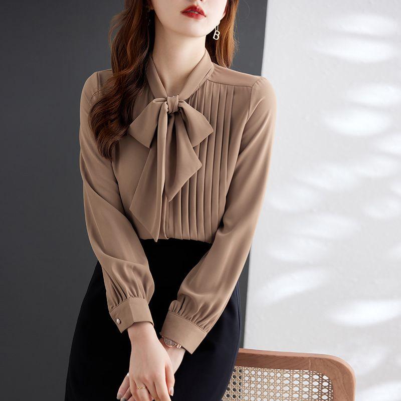 Office Lady Spring Summer Solid Color Blouse Elegant Folds Scarf Collar Bow Chic Pearl Single-breasted Korean Long Sleeve Shirt