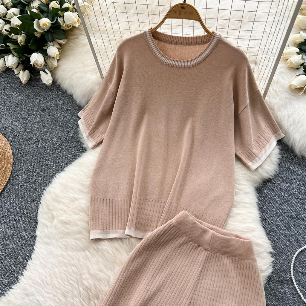 Летний женский трикотажный свитер, брюки, комплект из двух предметов, женский свитер с коротким рукавом, топ и брюки длиной до щиколотки, спортивный костюм