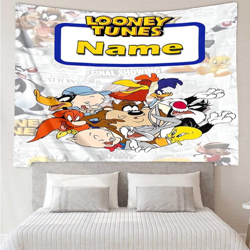 Custom Name Looney Tunes Print Tapestry, Backdrop, Easy Setup, Ideal for Bedroom, Office & Living Room, with Aesthetic Wall Hanging Decor.