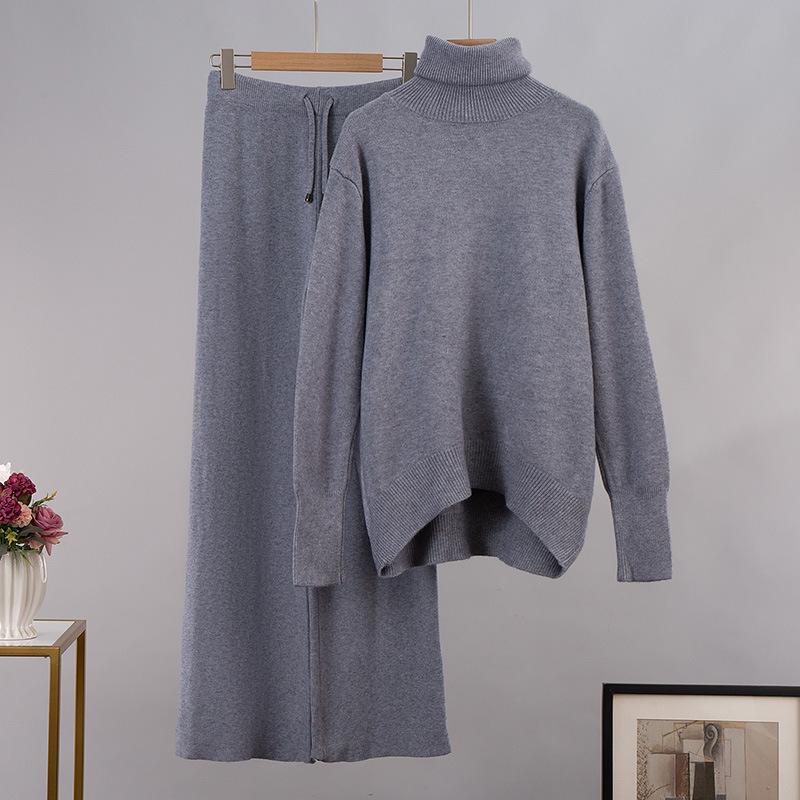 Брючные костюмы из двух предметов, осенне-зимний женский новый свитер с высоким воротом, эластичные широкие брюки с высокой талией, вязаный комплект