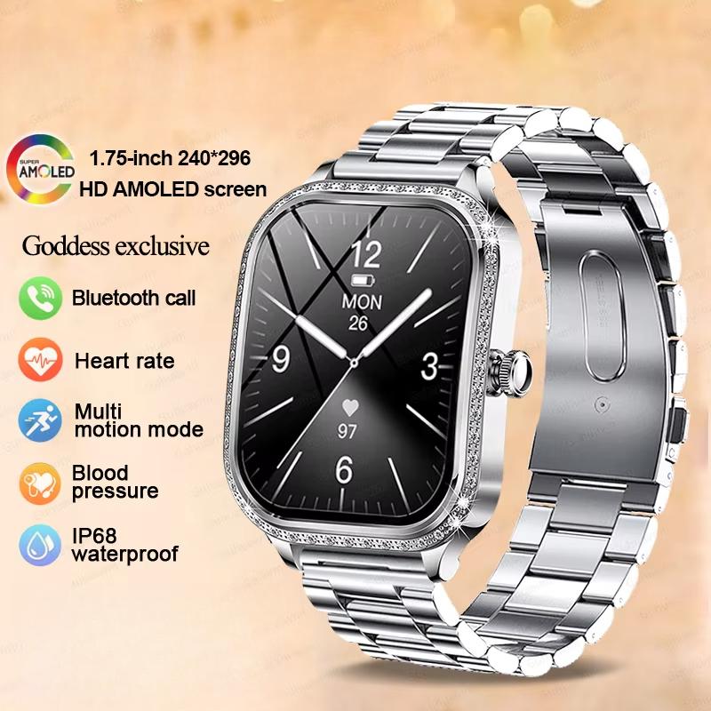 Fashion New Women Smart Watch AMOLED Curved Screen IP68 Waterproof Voice Bluetooth Call Heart Rate Blood Pressure Monitor Health Smartwatch