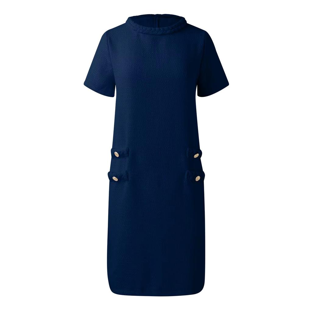 Women Sweet French Style Short Dresses Elegant Tweed Solid Color Button Up Pullover Midi Dress Office Lady Short Formal Dresses