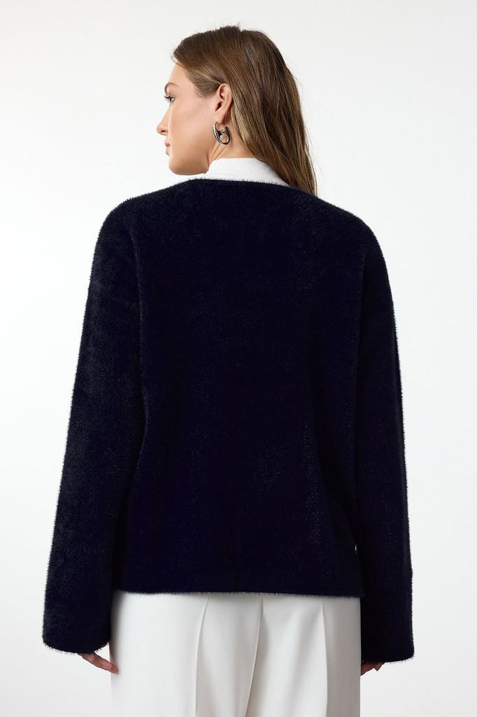 Women's Fashionable Stylish Cardigan Navy Blue Furry Coat Look Knitwear Cardigan