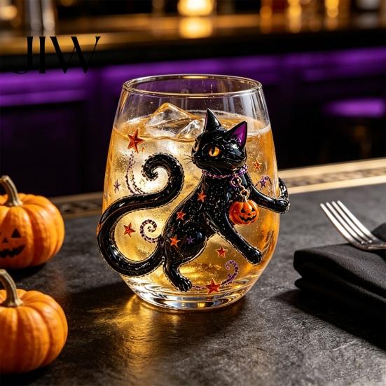 Ghost Whiskey Glass Halloween Glass, Black Cat Spider Net Skull Tumbler for Durable Coffee Mug Cocktail, 350ml Spooky Drinkware Home Bar, Festive