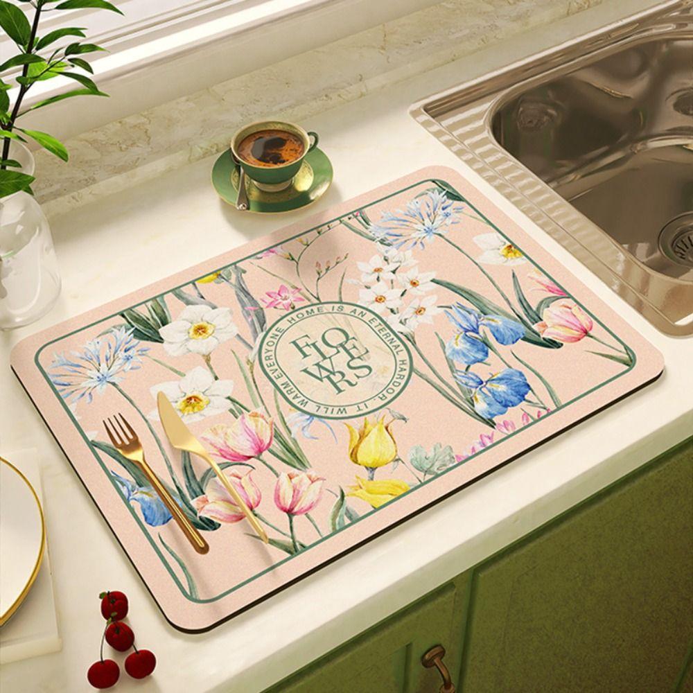 Коврик для сушки с цветочным принтом, нескользящий коврик для сушки посуды, коврик для сушки посуды, кухонный