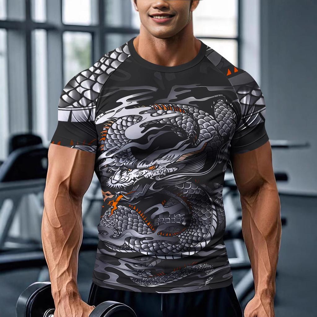 Летняя футболка для фитнеса с круглым вырезом на плечах, серия 3D-цифровой печати, облегающая футболка с короткими рукавами